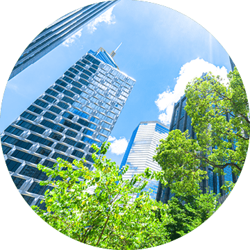 Business towers and Green leaves in Hong Kong