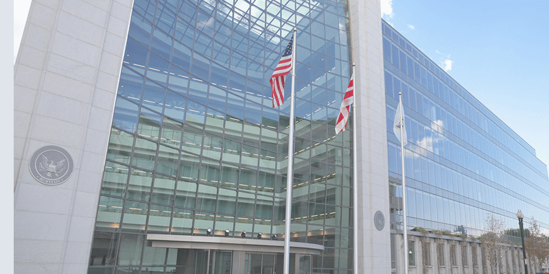 Securities and Exchange Commission, SEC, Building in Washington DC. The SEC regulates stocks and bonds and related financial activities.  
