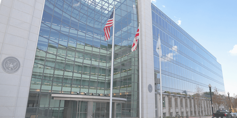 Securities and Exchange Commission, SEC, Building in Washington DC. The SEC regulates stocks and bonds and related financial activities.  