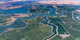 Numerous waterways snake through the delta where the Sacramento River and San Joaquin River meet. Visible in the photo is Bethel Island, Franks Tract State Recreation Area, Mandeville Tip County Park, and Brannan Island State Recreation Area.