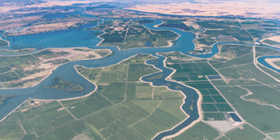 Numerous waterways snake through the delta where the Sacramento River and San Joaquin River meet. Visible in the photo is Bethel Island, Franks Tract State Recreation Area, Mandeville Tip County Park, and Brannan Island State Recreation Area.