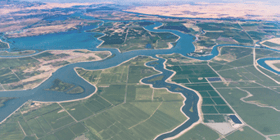 Numerous waterways snake through the delta where the Sacramento River and San Joaquin River meet. Visible in the photo is Bethel Island, Franks Tract State Recreation Area, Mandeville Tip County Park, and Brannan Island State Recreation Area.