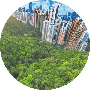 view of Hong Kong and Victoria Harbour at sunset.