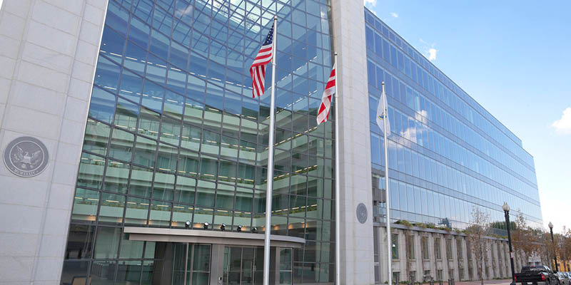 Securities and Exchange Commission, SEC, Building in Washington DC. The SEC regulates stocks and bonds and related financial activities.  