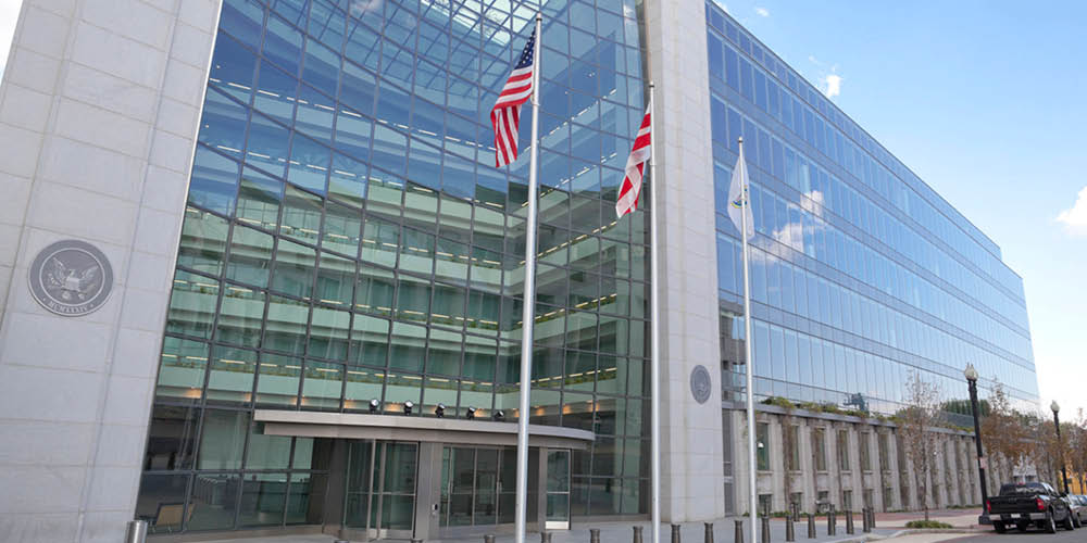 Securities and Exchange Commission, SEC, Building in Washington DC. The SEC regulates stocks and bonds and related financial activities.  