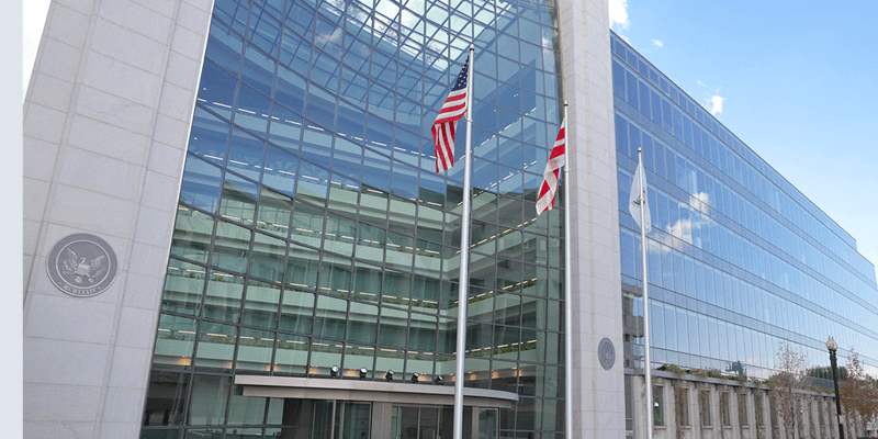 Securities and Exchange Commission, SEC, Building in Washington DC. The SEC regulates stocks and bonds and related financial activities.  