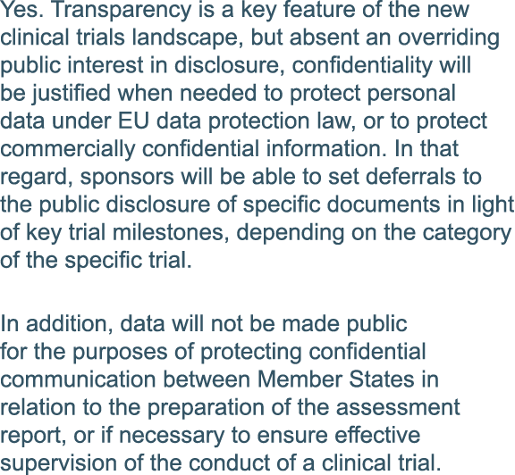 Yes  Transparency is a key feature of the new clinical trials landscape, but absent an overriding public interest in    