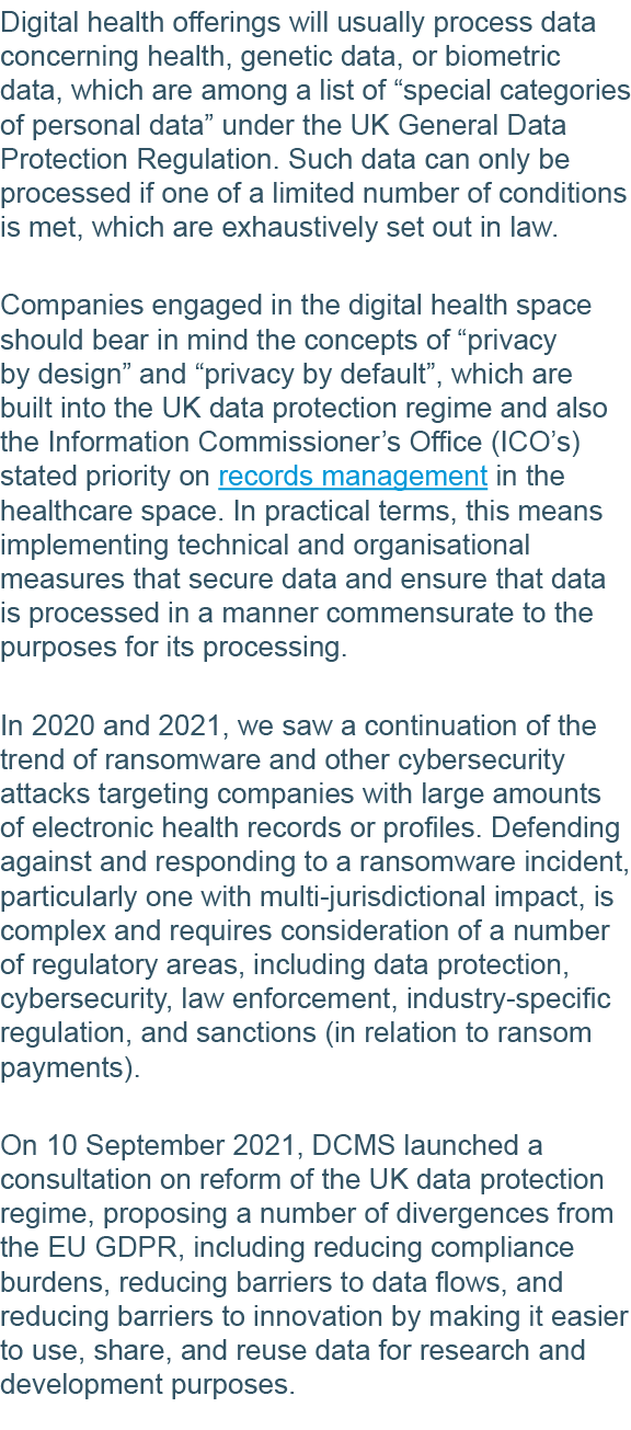 Digital health offerings will usually process data concerning health, genetic data, or biometric data, which are amon   